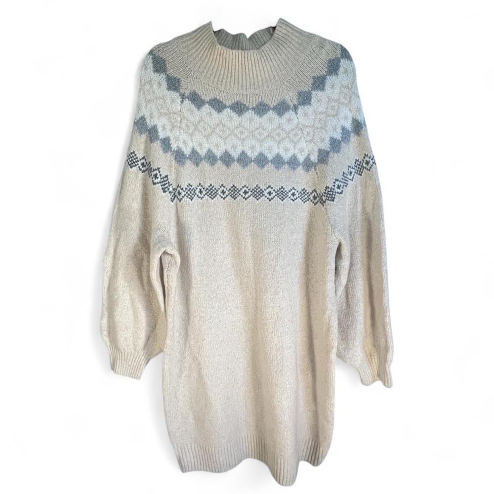 NWT American Eagle Cozy Fair Isle Mock Neck Cream Grey Sweater Dress Sz XL